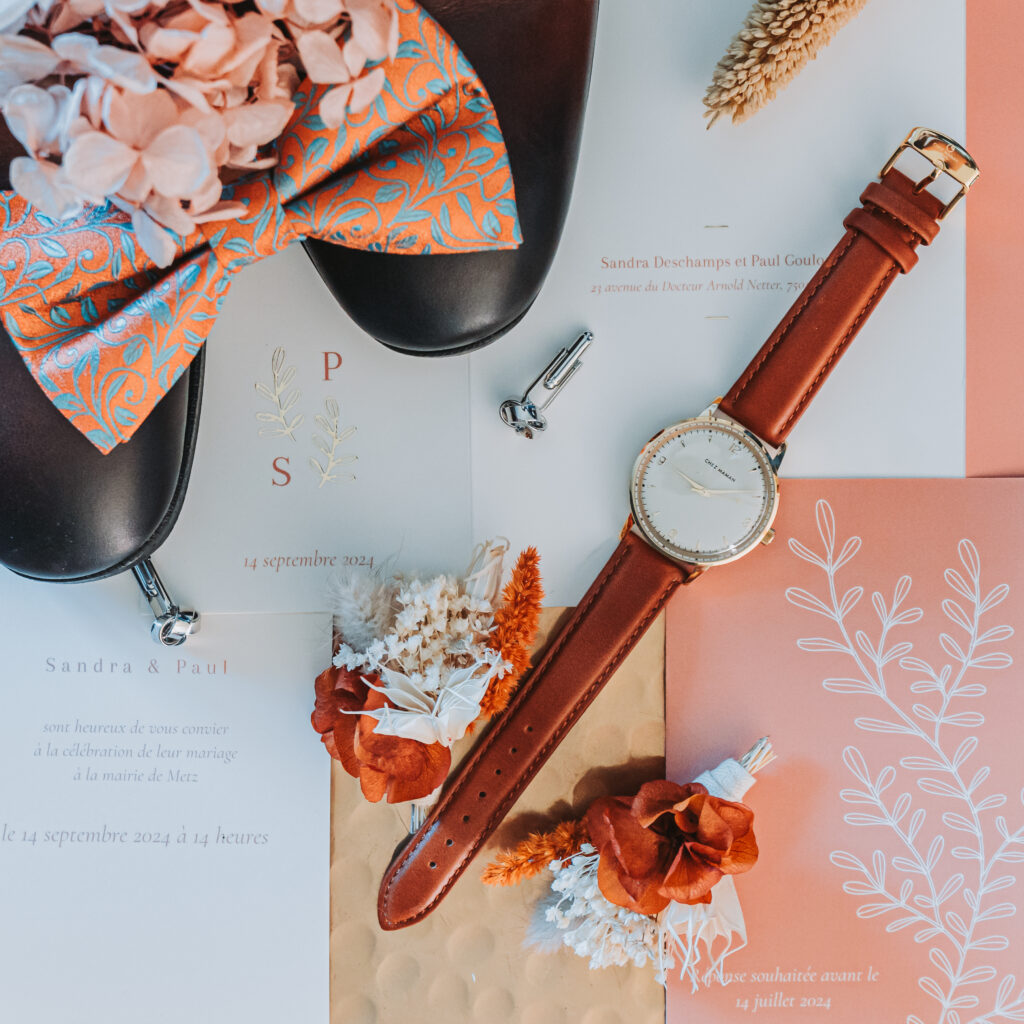 Détails des accessoires du marié près de Metz